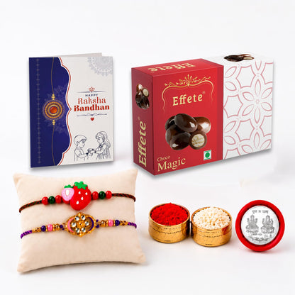 Strawberry charm Rakhi for Brother with Choco Magic 32gm, Coin & Card, Pack of 6
