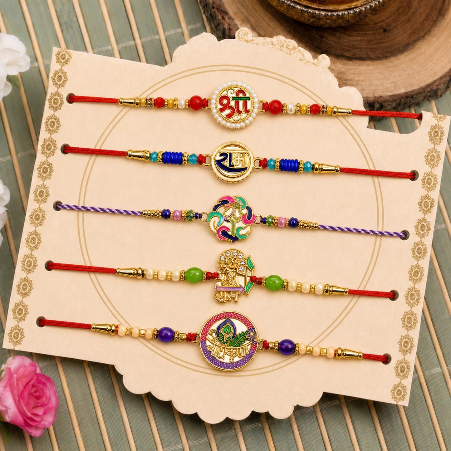 Designer Divine Rakhi for Brother with Roli Tikka, Pooja Coin & Card, Pack of 8