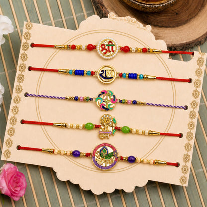 Designer Divine Rakhi for Brother with Roli Tikka, Pooja Coin & Card, Pack of 8