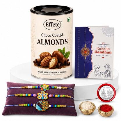 Flower, Peacock Rakhi Combo - Raksha Bandhan Gift with Choco Almonds 96gm, Pack of 7