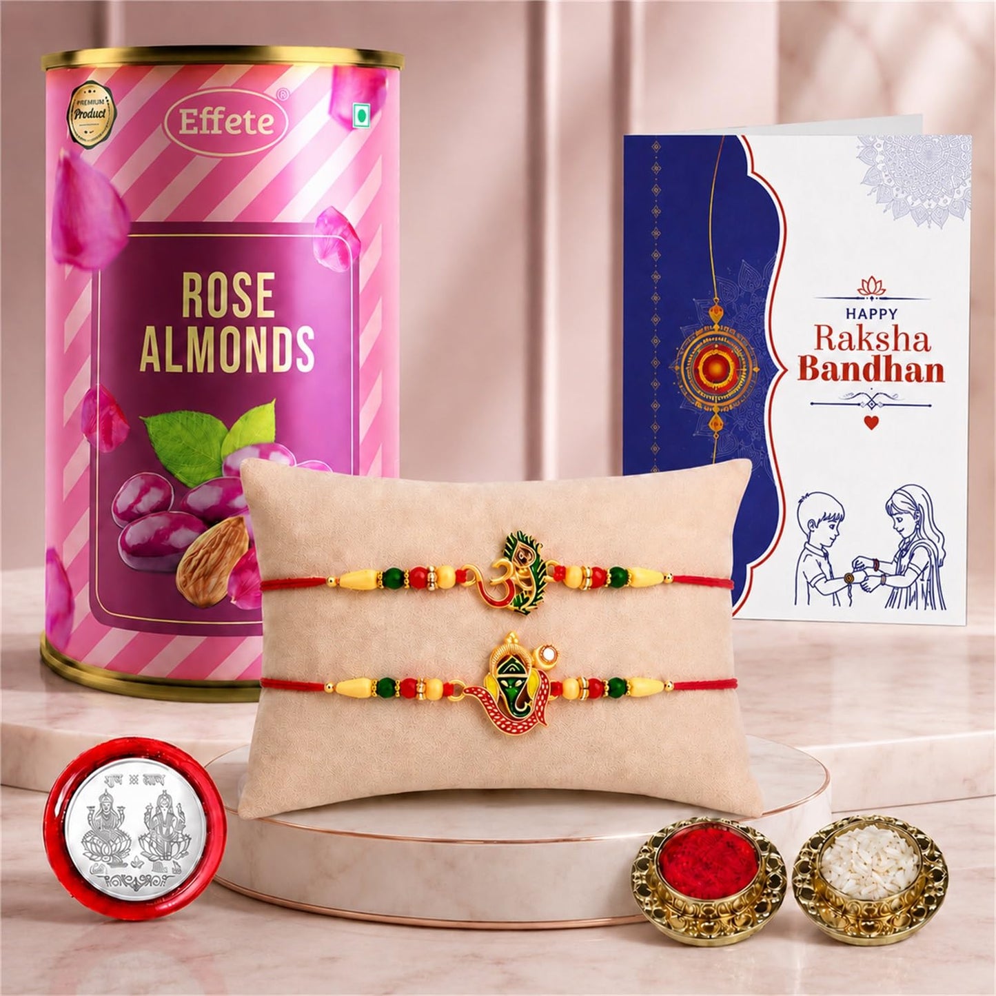 Multicolor OM, Ganesha Rakhi & Rose Almond 96gm with Roli Chawal, Silver Color Pooja Coin & Greeting Card, Rakhi with chocolate, Rakshbandhan Combo, Pack of 6 For Raksha Bandhan