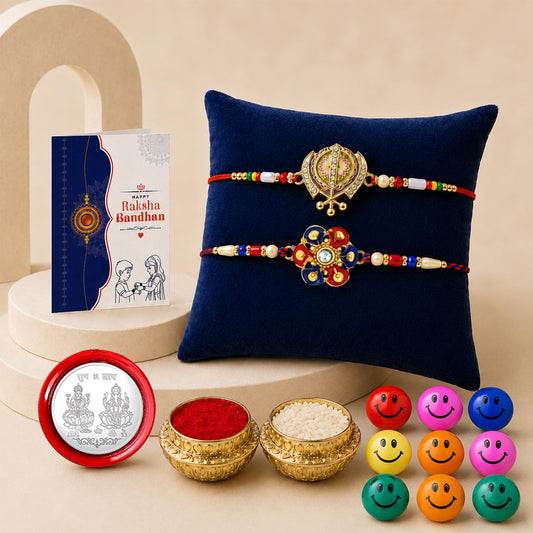 Designer Elegant Multicolor Nishaan Sahab & Flower Rakhi Combo | Pack of 6