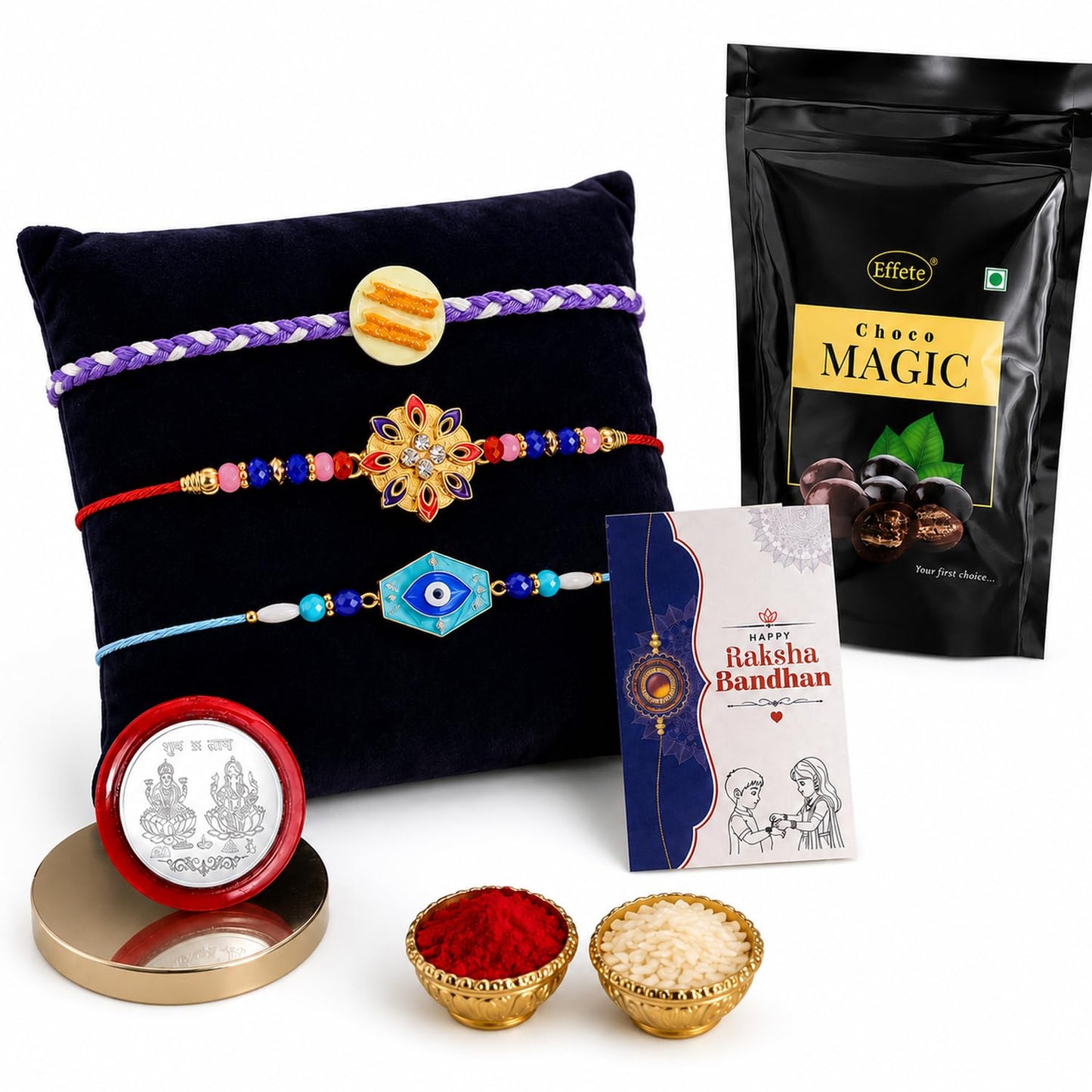 Flower Rakhi for Brother with Choco Magic Pouch, Roli Tikka & Card, Pack of 7