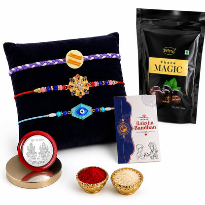 Flower Rakhi for Brother with Choco Magic Pouch, Roli Tikka & Card, Pack of 7