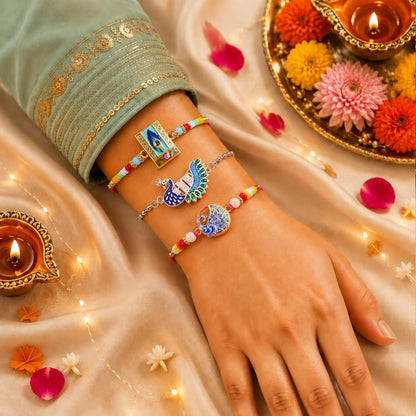 Designer Elegant Multicolor Peacock Rakhi for Brother with Roli Tikka, Pack of 6