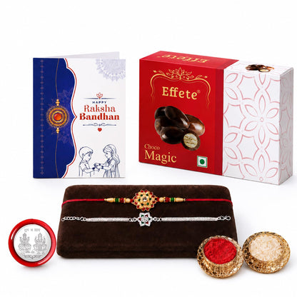 Flower Rakhi for Brother with Chocolate Magic 32gm, Roli Tikka & Card | Pack of 6