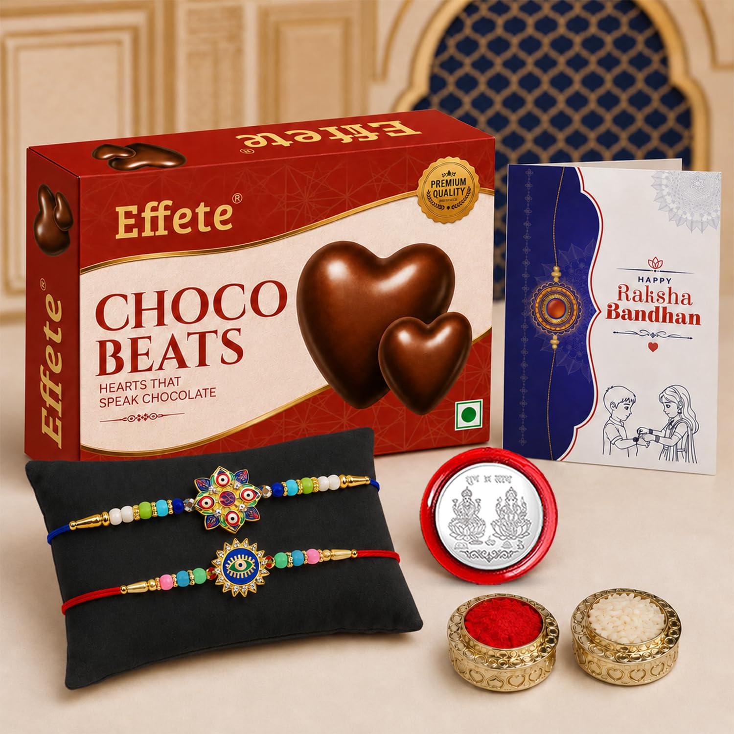 Evil Eye, OM, Evil Eye Rakhi Combo - Raksha Bandhan Gift with Choco Beats 32gm, Pack of 6