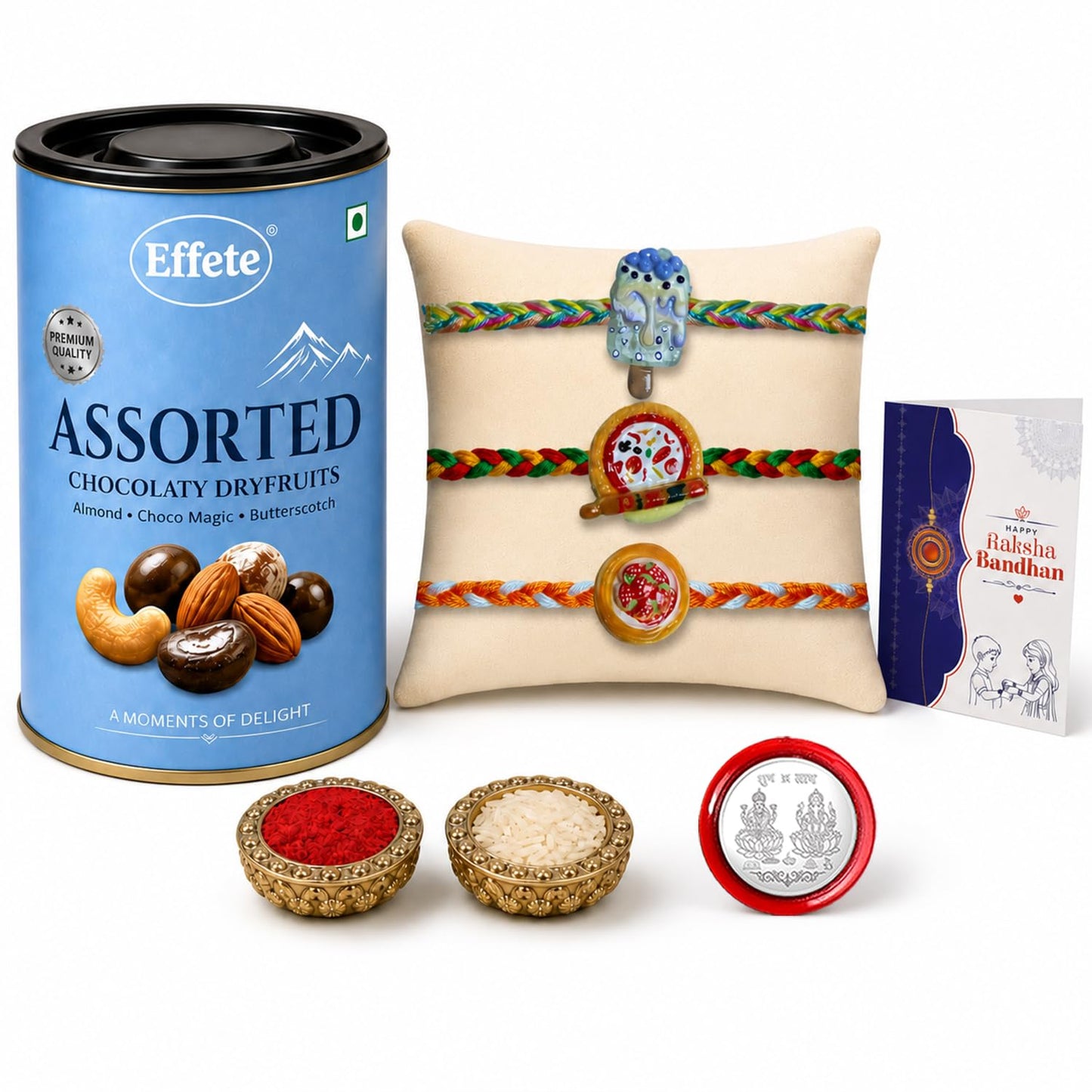 Food Rakhi for Brother with Choco Dryfruits 96gm, Roli Tikka & Card, Pack of 7