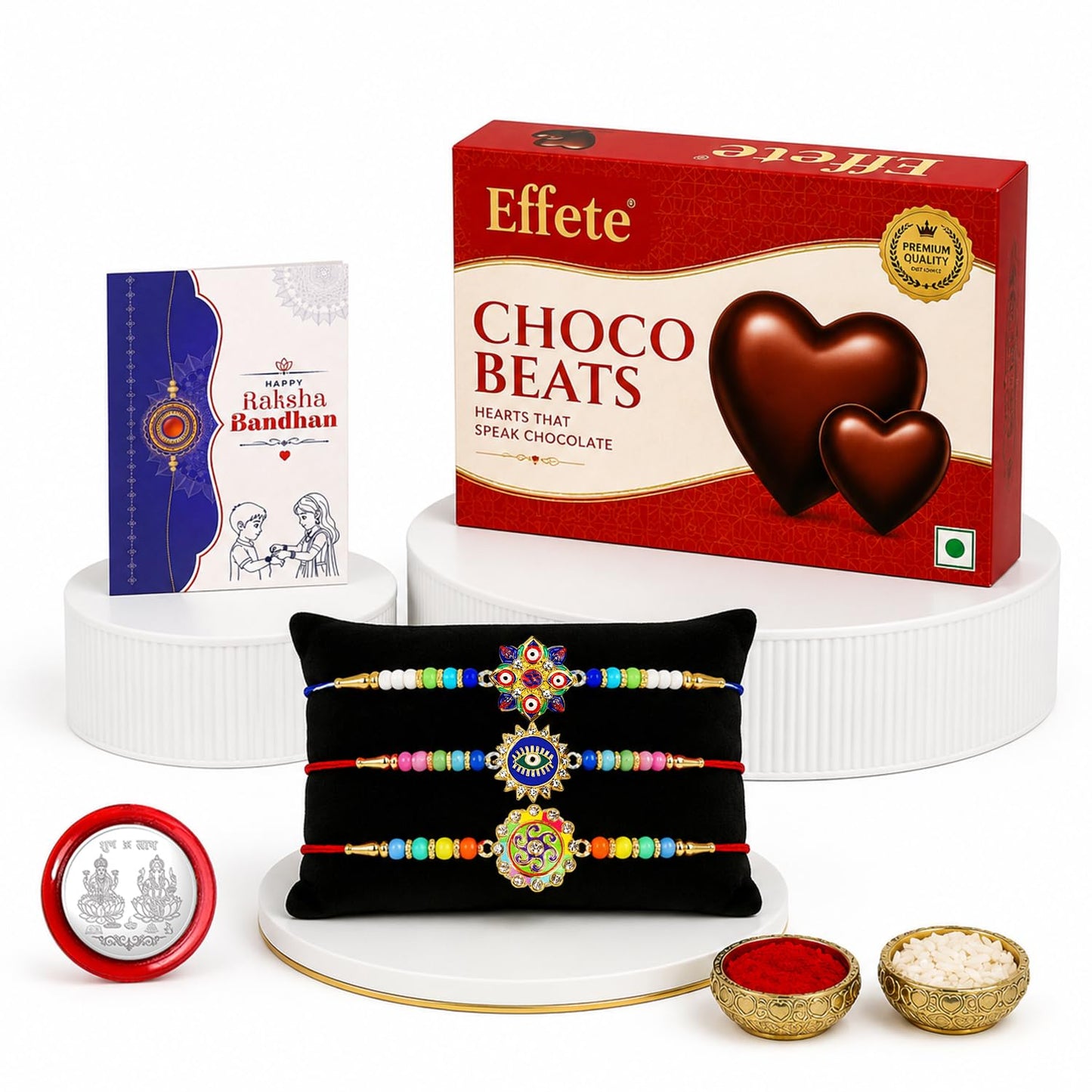 Evil Eye, OM, Evil Eye Rakhi Combo - Raksha Bandhan Gift with Choco Beats 32gm, Pack of 7