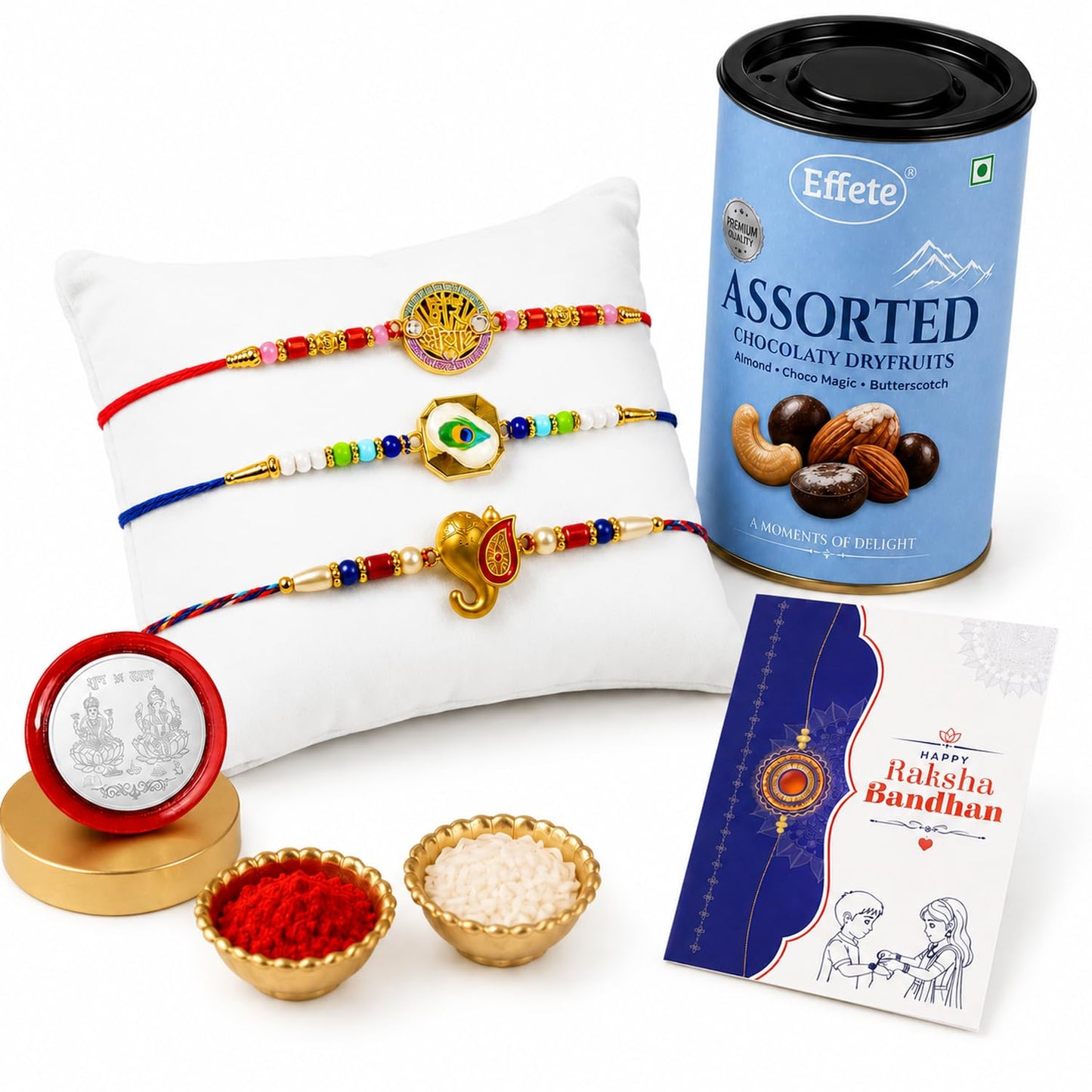 Peacock Rakhi for Brother with Choco Dryfruits 96gm, Roli Tikka & Card, Pack of 7