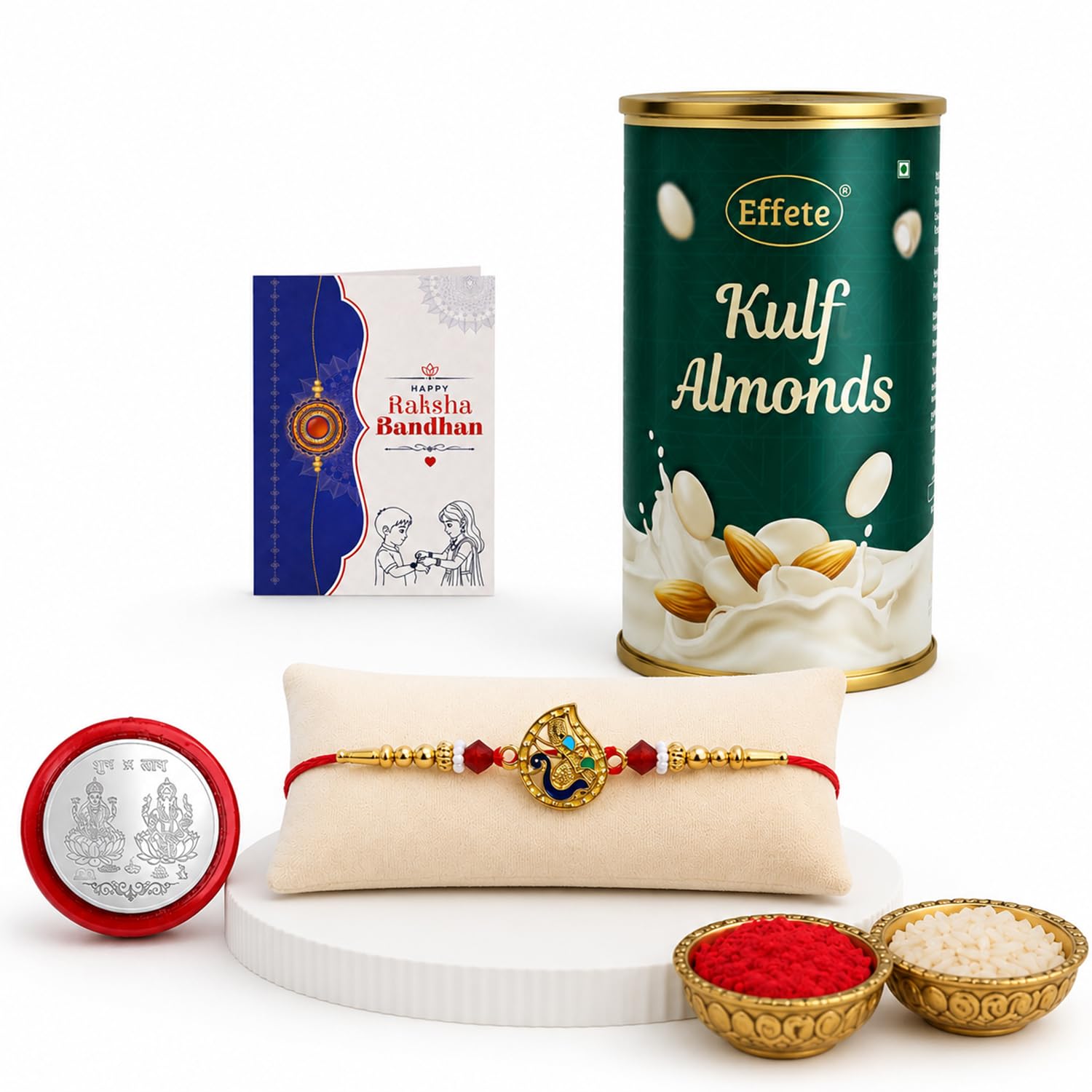 Peacock Rakhi for Brother with Kulfi Almonds 96gm, Roli Tikka & Card | Pack of 5