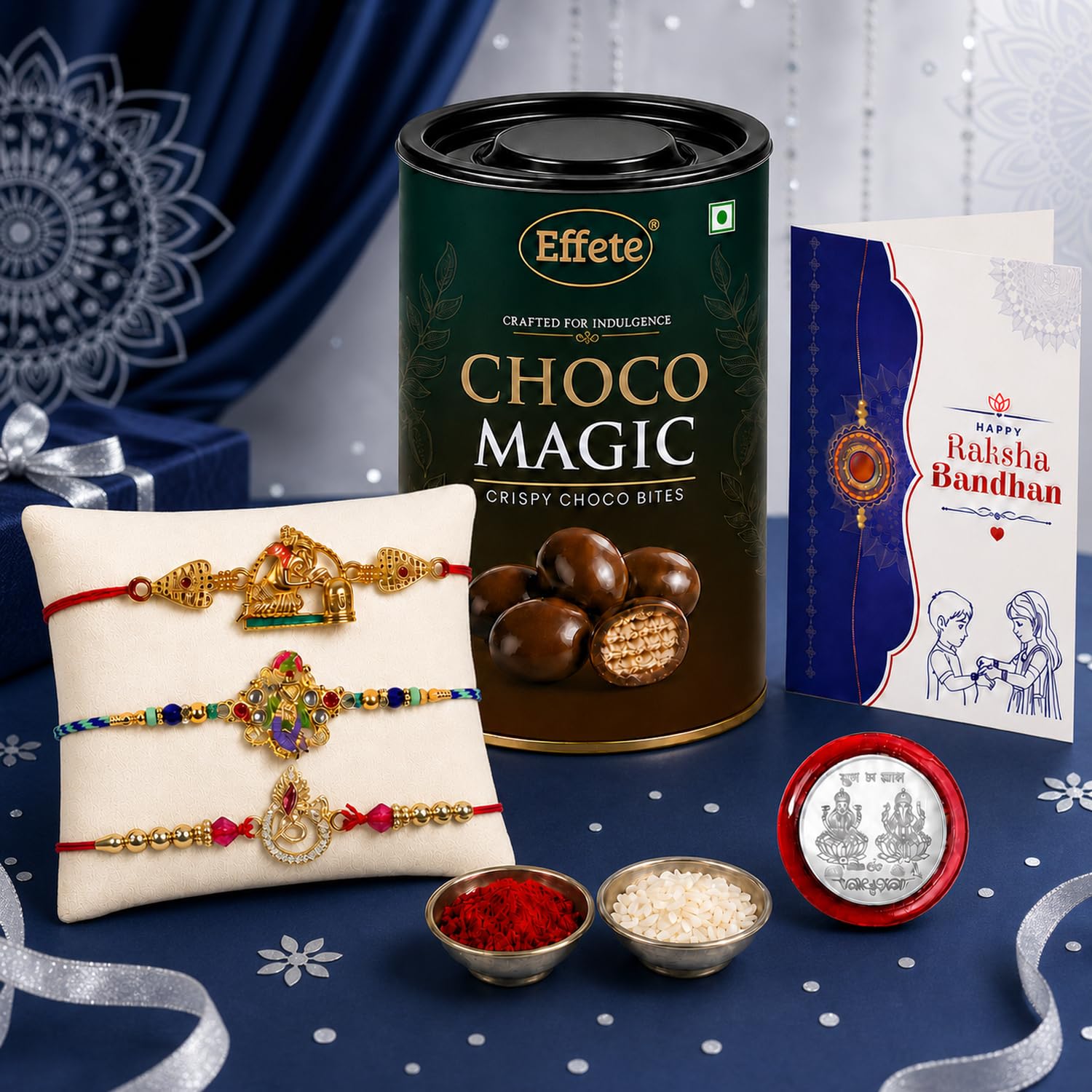 Deity Charm Rakhi for Brother with Choco Magic 96gm, Roli Tikka & Card, Pack of 7