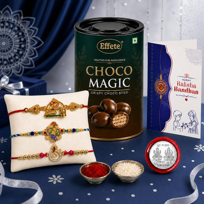 Deity Charm Rakhi for Brother with Choco Magic 96gm, Roli Tikka & Card, Pack of 7