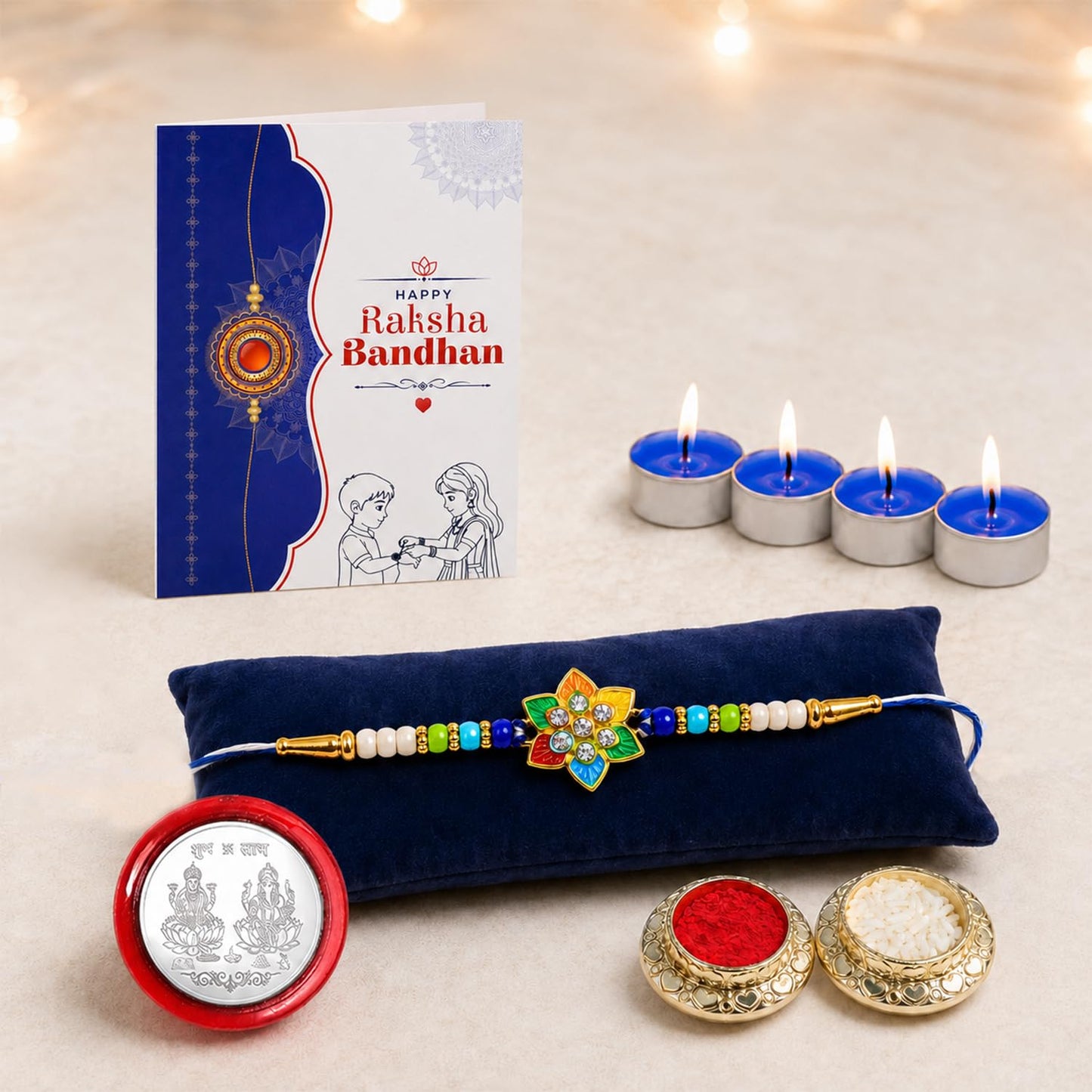 Flower Rakhi for Brother with Candles 4pcs, Roli Tikka & Greeting Card, Pack of 5
