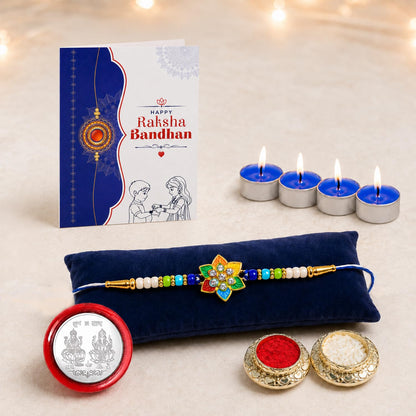 Flower Rakhi for Brother with Candles 4pcs, Roli Tikka & Greeting Card, Pack of 5