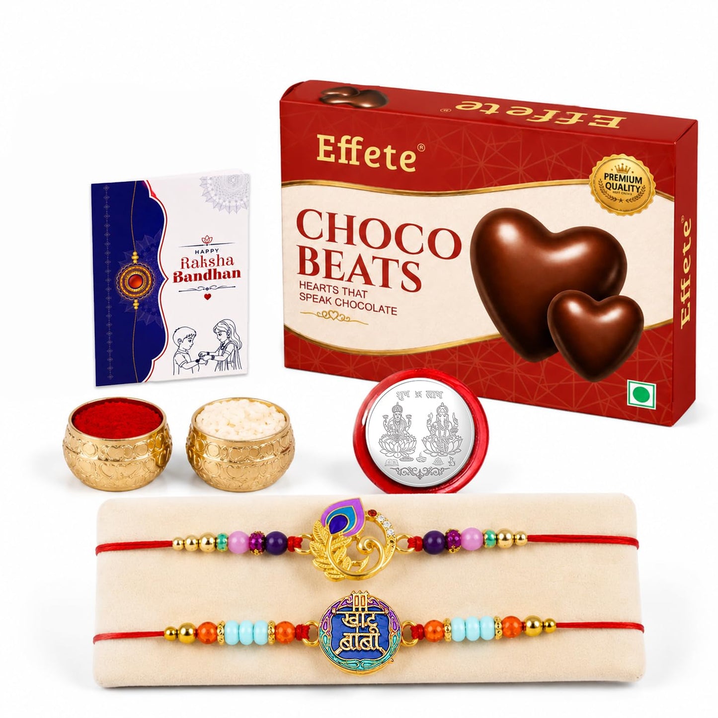 Peacock Rakhi for Brother with Choco Beats 32gm, Roli Tikka & Card - Pack of 6