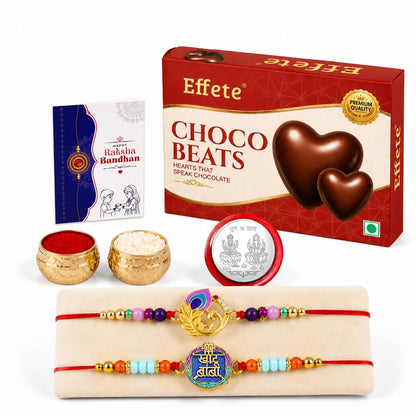 Peacock Rakhi for Brother with Choco Beats 32gm, Roli Tikka & Card - Pack of 6