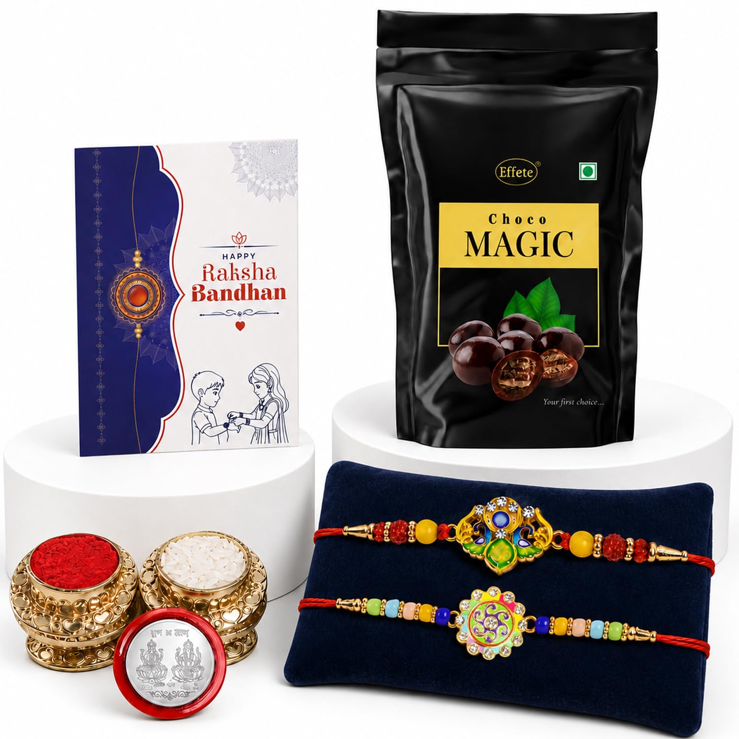 Trishul, Spiral Rakhi Combo - Raksha Bandhan Gift with Choco Magic Standy Pouch, Pack of 6