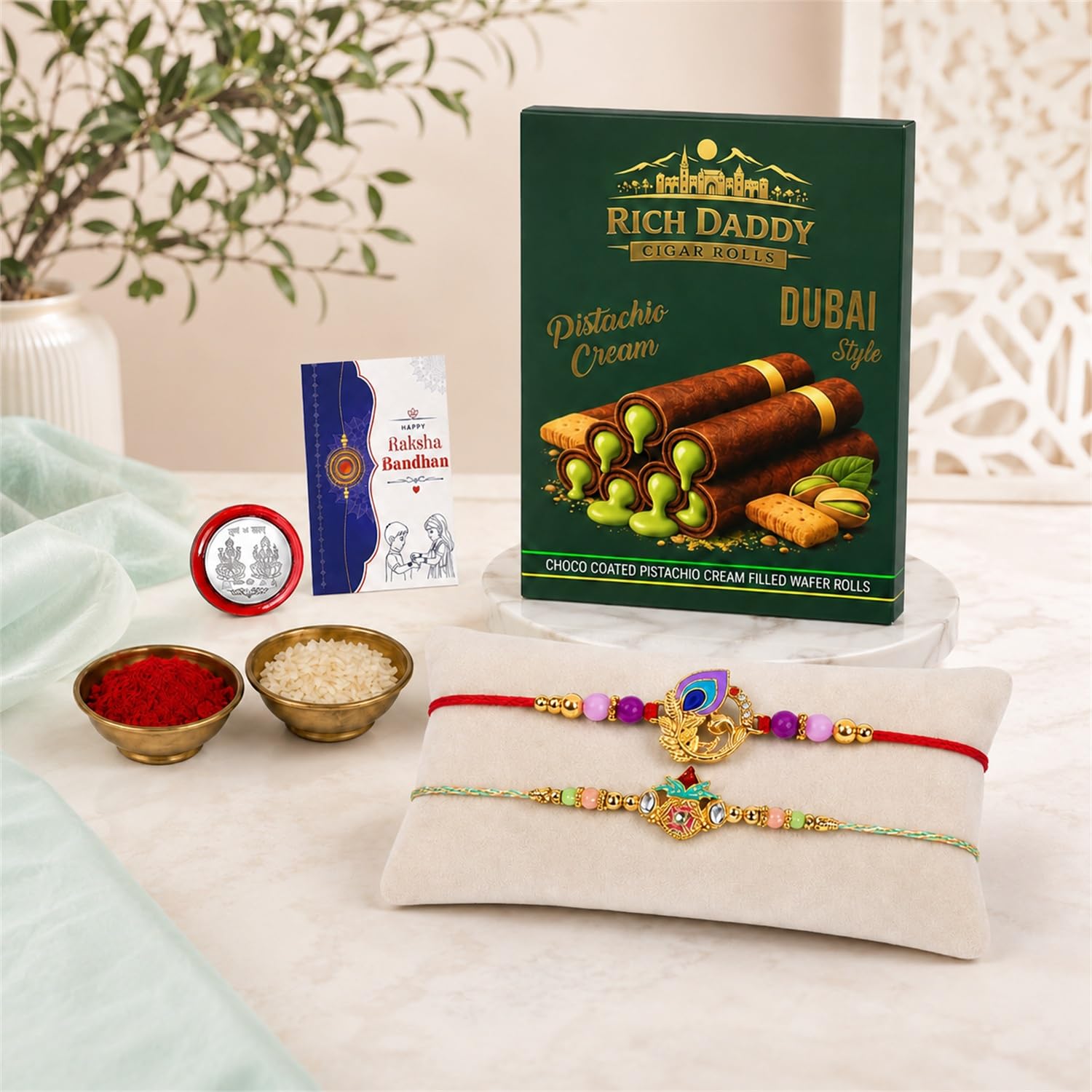 Peacock Rakhi for Brother with Pistachio Wafer Rolls, Coin & Card, Pack of 6