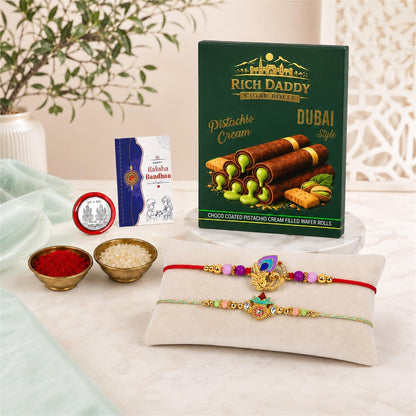 Peacock Rakhi for Brother with Pistachio Wafer Rolls, Coin & Card, Pack of 6