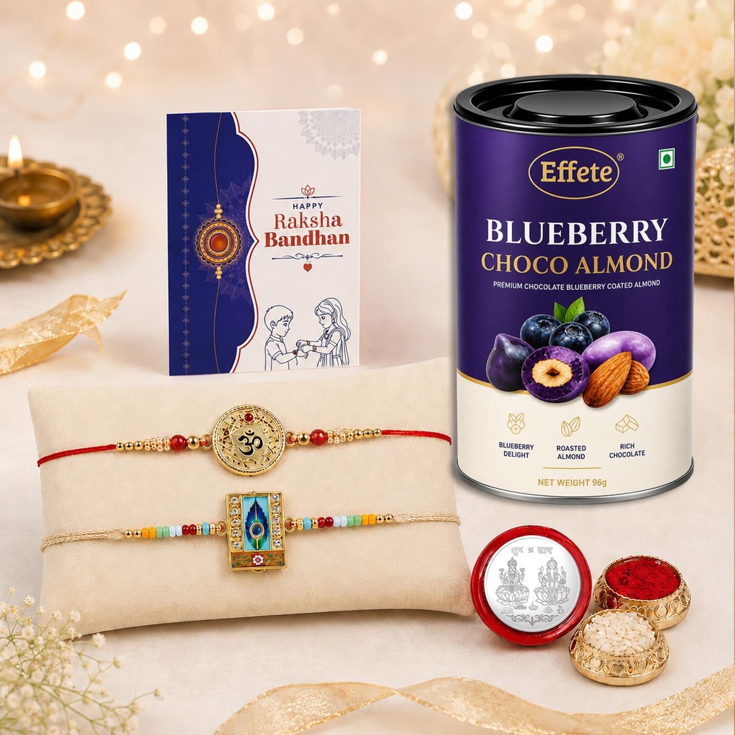 Designer Rakhi for Brother with Blueberry Almond 96gm, Coin & Card | Pack of 6