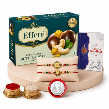 Multicolor Round Shape, Ganesha Rakhi & Chocolate Butter Scotch 32gm with Roli Chawal, Silver Color Pooja Coin & Greeting Card, Fancy Rakhis for men stylish, Rakshbandhan Combo, Pack of 6 For Raksha Bandhan
