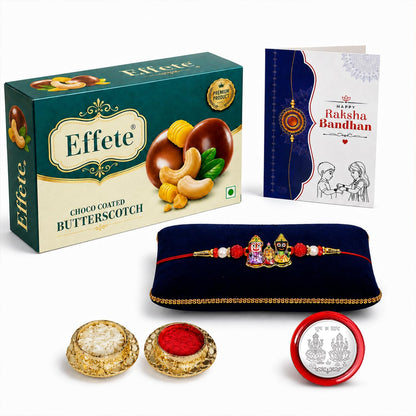 Multicolor Lord Jagannath Rakhi & Chocolate Butter Scotch 32gm with Roli Chawal, Silver Color Pooja Coin & Greeting Card, Rakhi with chocolate, Rakshbandhan Combo, Pack of 5 For Raksha Bandhan