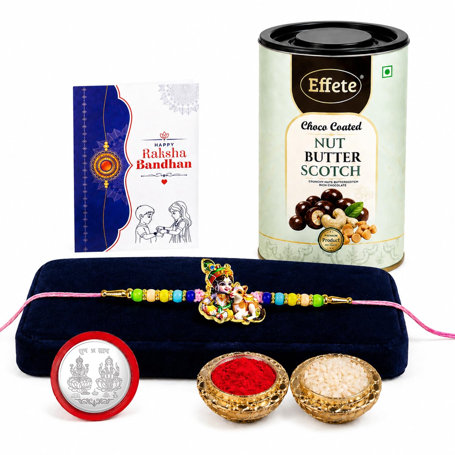 Krishna Rakhi for Brother with Butter Scotch 96gm, Roli Tikka & Card | Pack of 5
