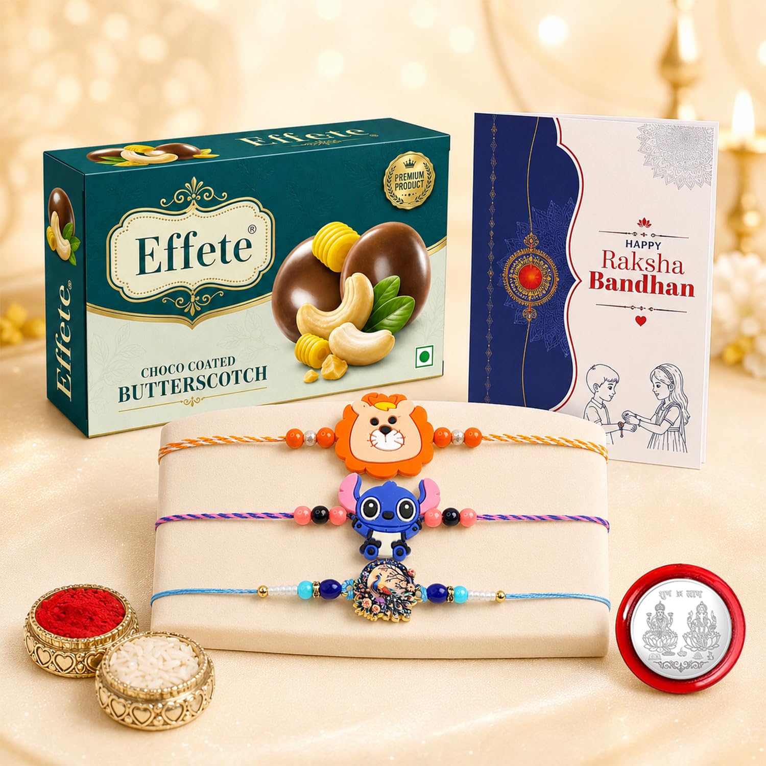 Lion Charm Rakhi for Brother with Butter Scotch 32gm, Coin & Card, Pack of 7