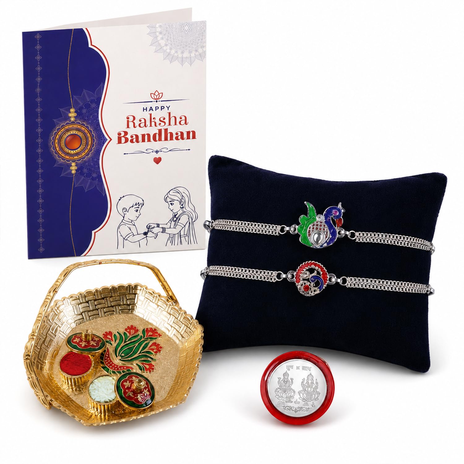 Multicolor Peacock, Peacock Bracelet/Rakhi & Basket-Topli Pooja Thali with Silver Color Pooja Coin, Tikka/Tilak Set & Greeting Card, Rakhi Gift Hamper (Pack of 6) For Raksha Bandhan