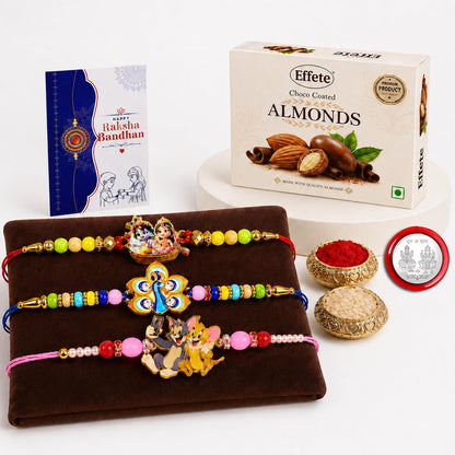 Radhe Krishna Rakhi for Brother with Choco Almonds 32gm, Coin & Card, Pack of 7