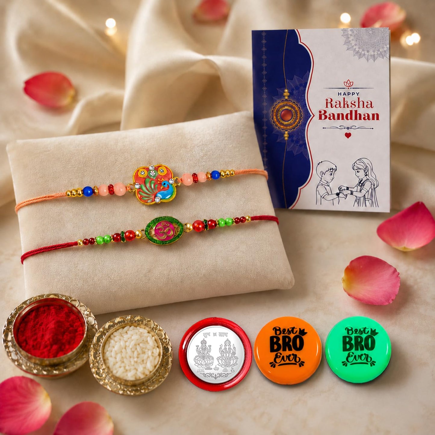 Multicolor Rakhi Combo Peacock,Om with Multicolour Decorative Magnets 2pcs, Roli