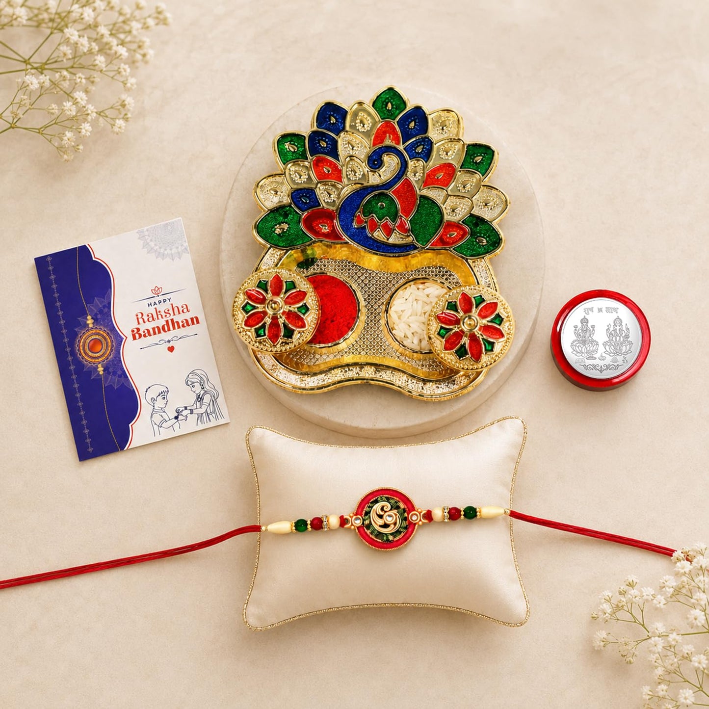 Square Multicolor Rakhi for Brother & Bhaiya with Peacock Shape Pooja | Pack of 5