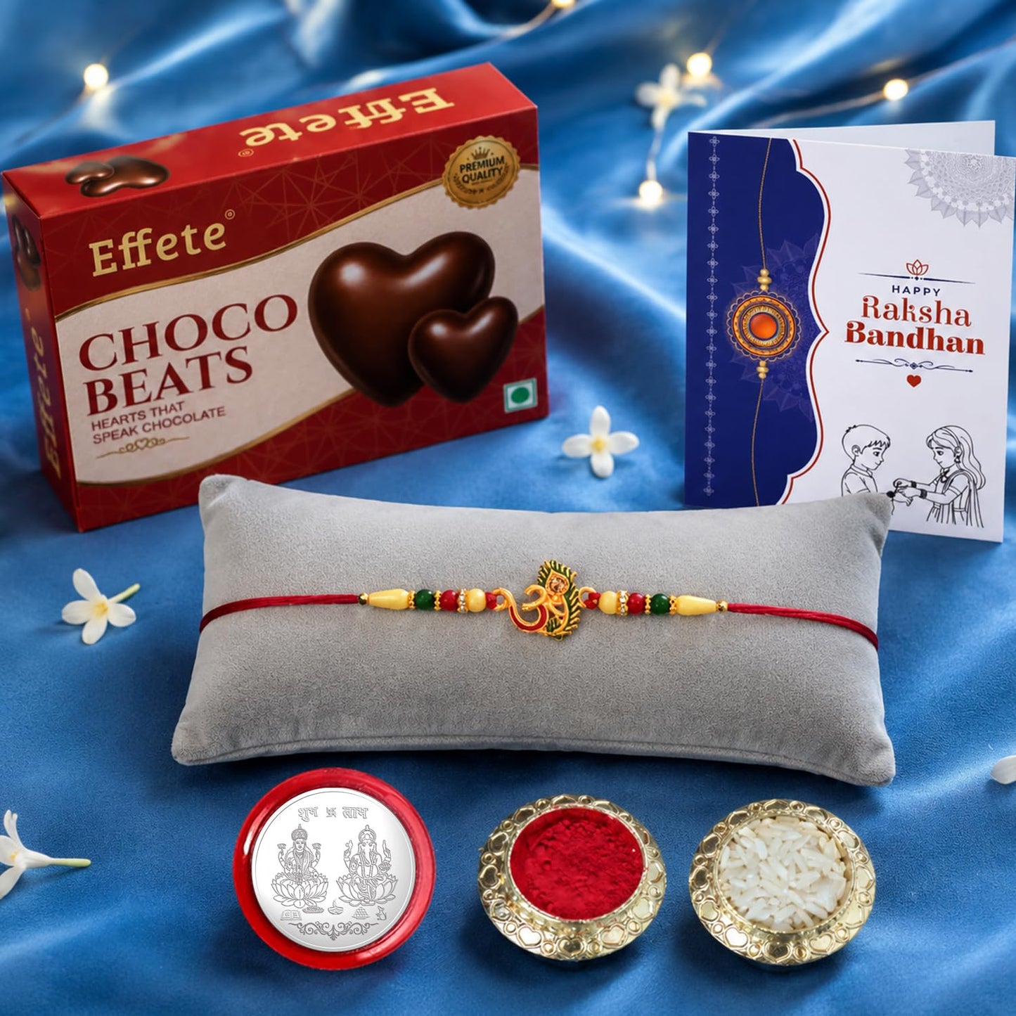 OM Rakhi for Brother with Chocolate Beats 32gm, Roli Chawal & Card, Pack of 5
