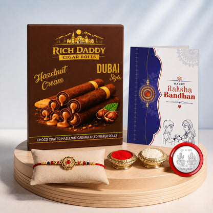 Floral Rakhi for Brother with Hazelnut Wafer Rolls, Roli Tikka & Card, Pack of 5