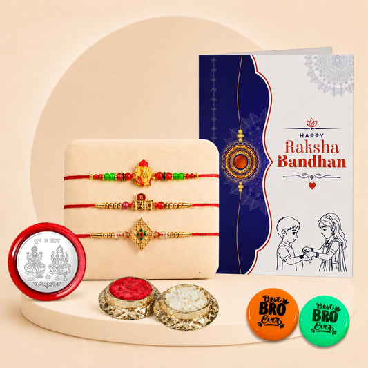 Multicolor Rakhi Ganesh Charm, Om, Floral Motif & Multicolour Decorative Magnets 2pcs with Roli Chawal, Silver Color Coin & Greeting Card | Gifts for Brother | Rakhi Combo | Pack of 8 | For Raksha Bandhan