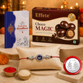 Elegant Stylish Rakhi for Brother with Choco Magic 32gm, Coin & Card, Pack of 5