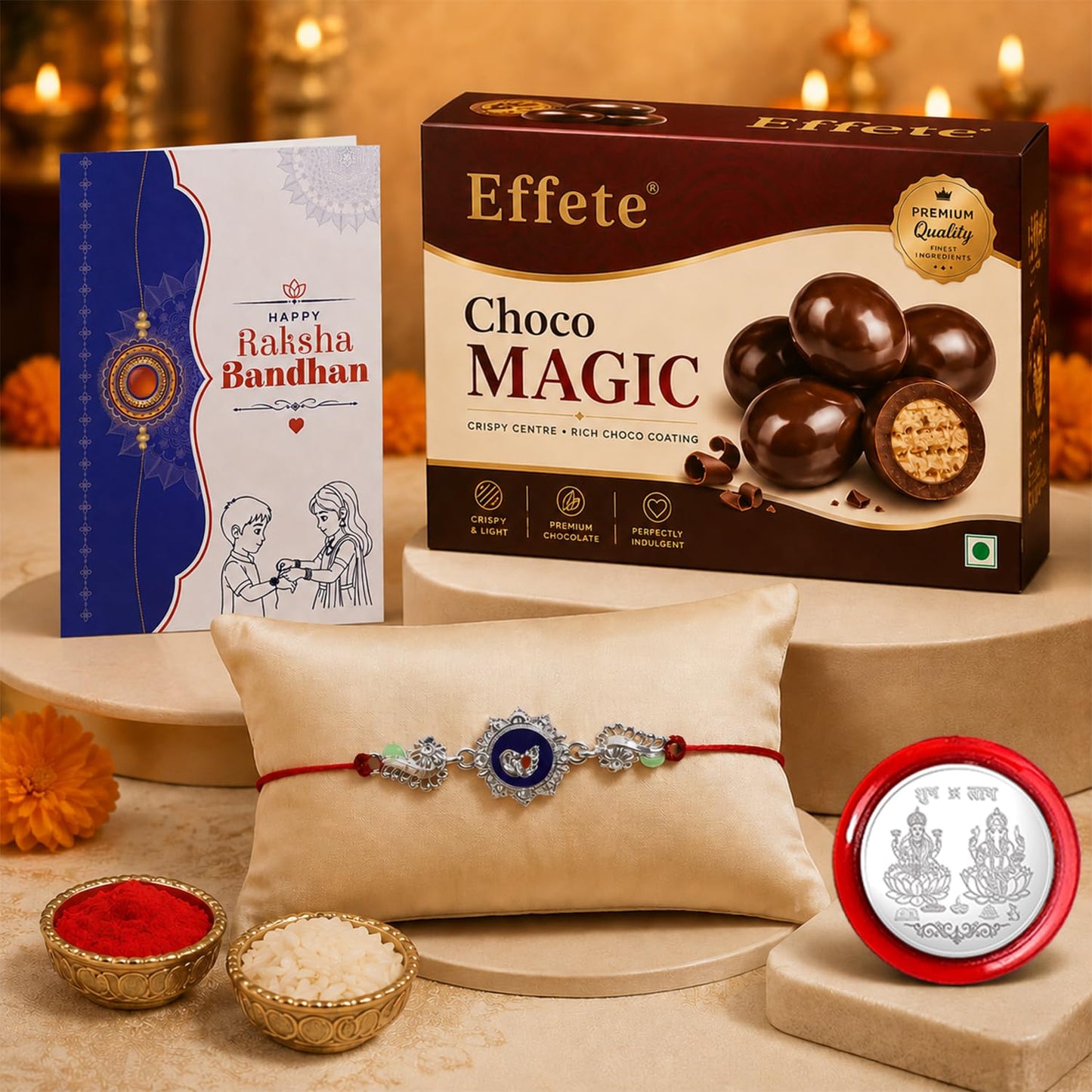 Elegant Stylish Rakhi for Brother with Choco Magic 32gm, Coin & Card, Pack of 5
