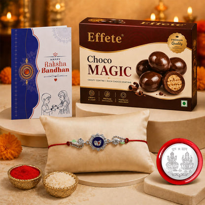 Elegant Stylish Rakhi for Brother with Choco Magic 32gm, Coin & Card, Pack of 5