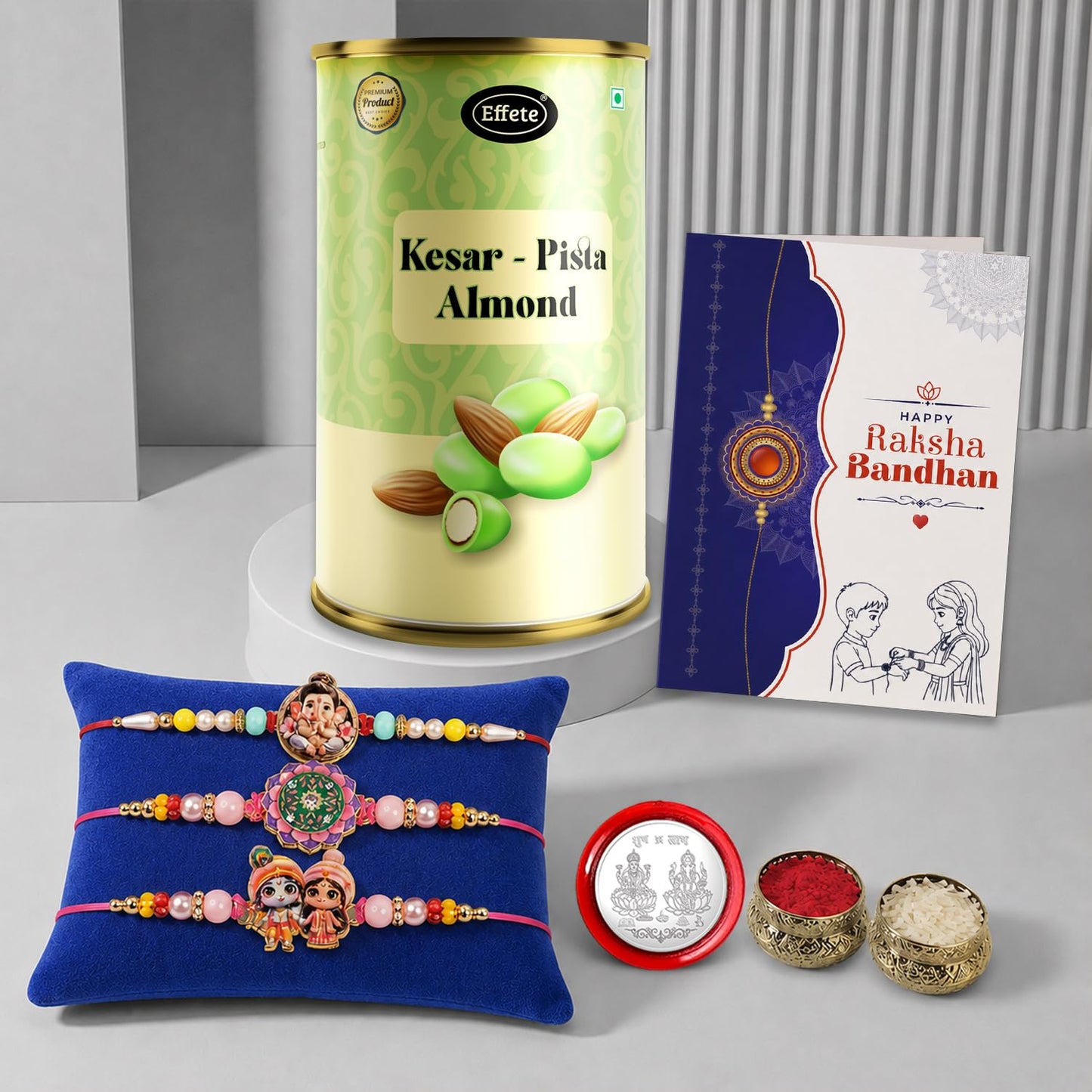 Ganesha Rakhi for Brother with Kesar-Pista Almond 96gm, Coin & Card, Pack of 7