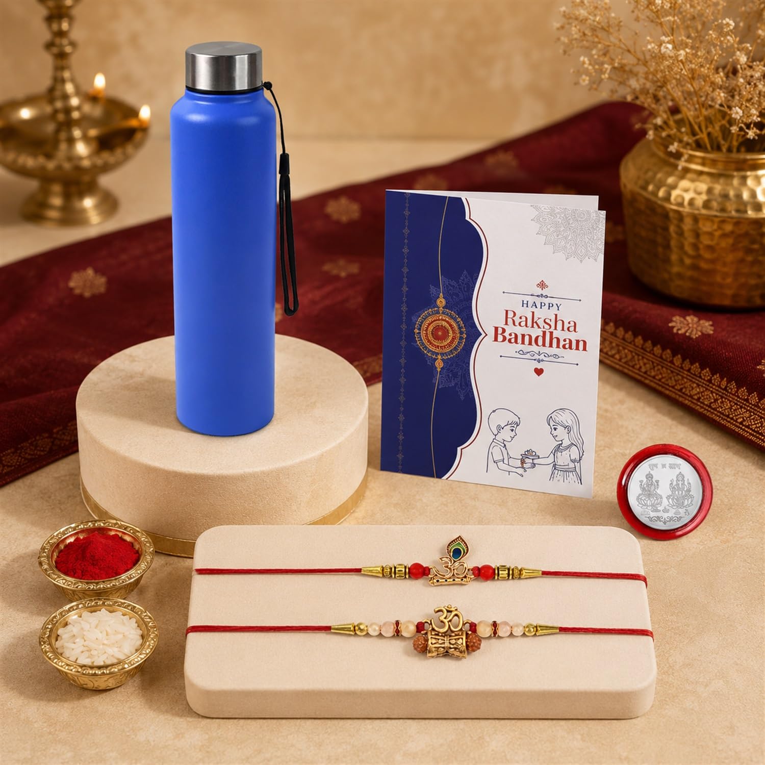 A blue water bottle, a greeting card, two Rakhis, and small bowls of kumkum and chawal are arranged on a brown surface.