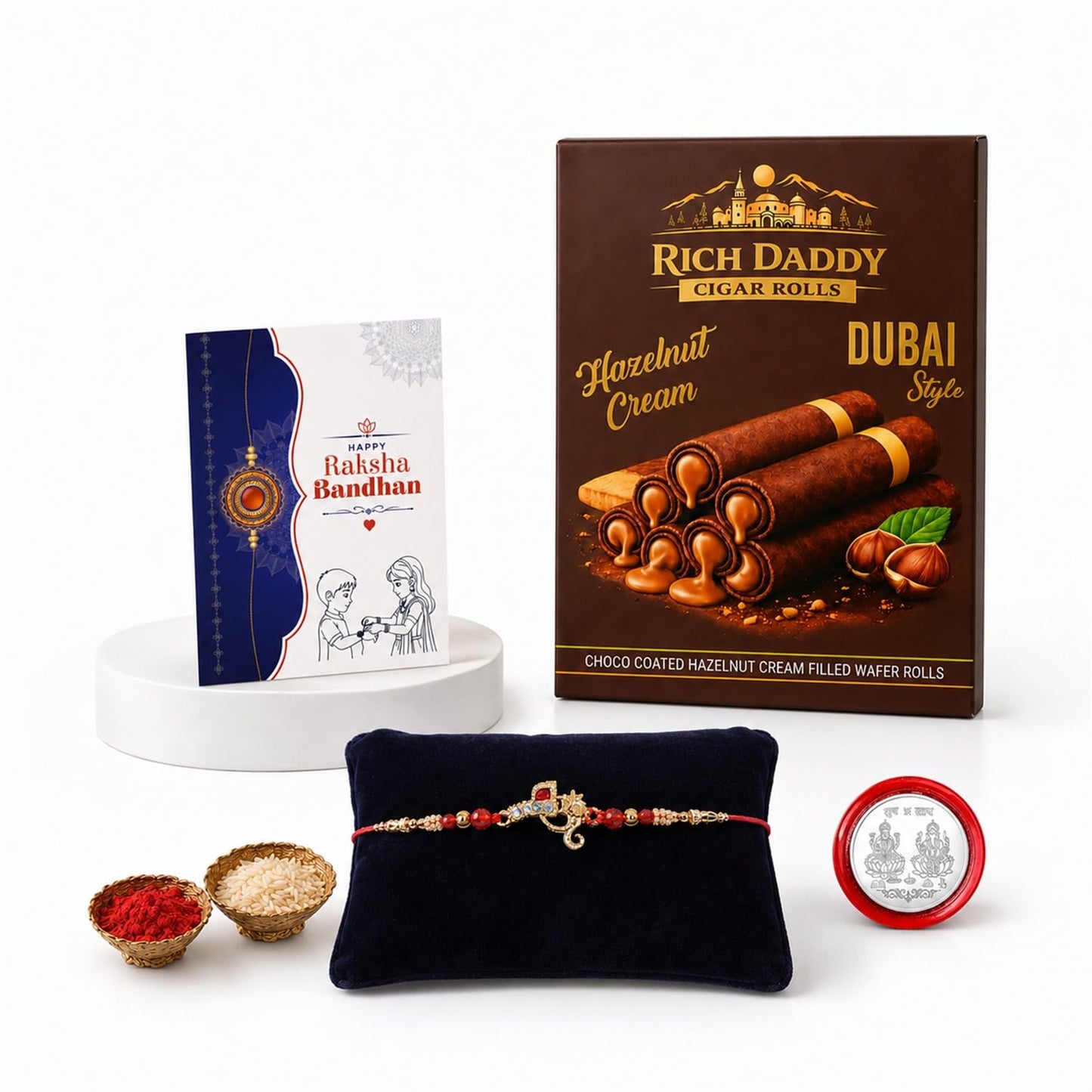 Ganesha charm Multicolor Rakhi – Hazelnut Cream Wafer Roll Gift Combo (Pack of 5) For Raksha Bandhan
