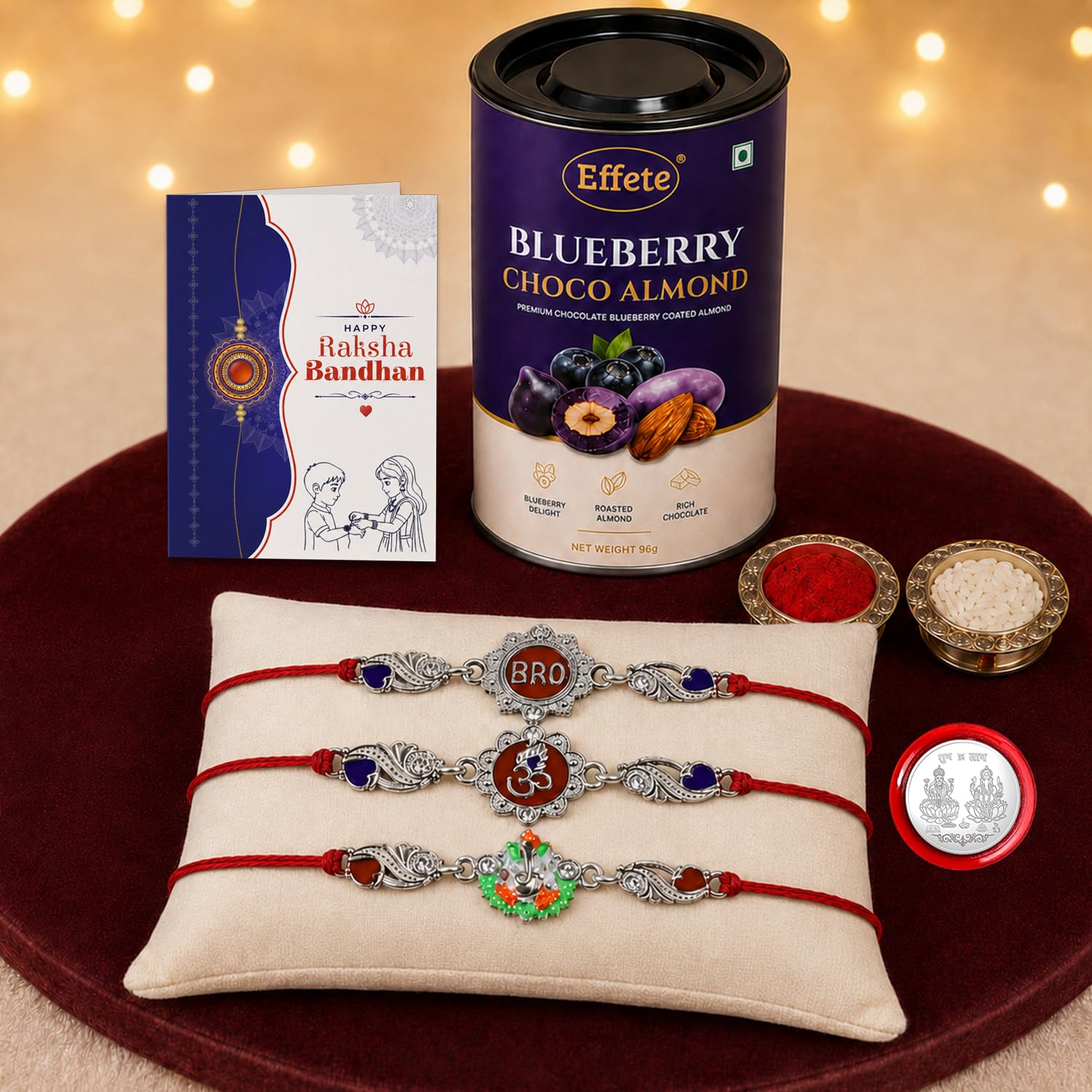 Bro Rakhi for Brother with Blueberry Almond 96gm, Roli Tikka & Card, Pack of 7