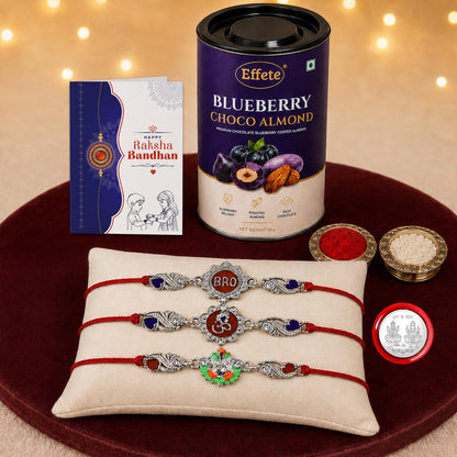 Bro Rakhi for Brother with Blueberry Almond 96gm, Roli Tikka & Card, Pack of 7