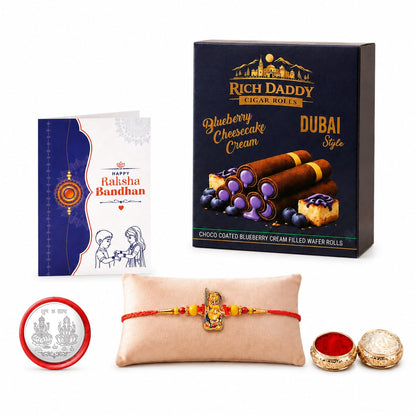 Ganesha Rakhi for Brother with Blueberry Wafer Rolls, Coin & Card, Pack of 5
