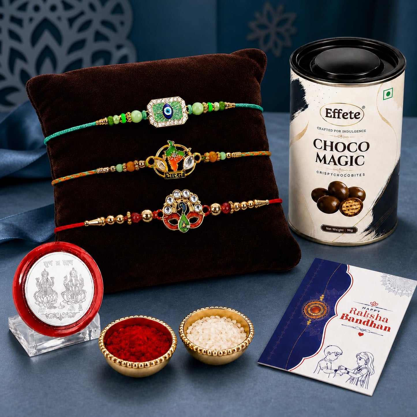 Peacock Rakhi for Brother with Choco Magic 96gm, Roli Tikka & Card - Pack of 7