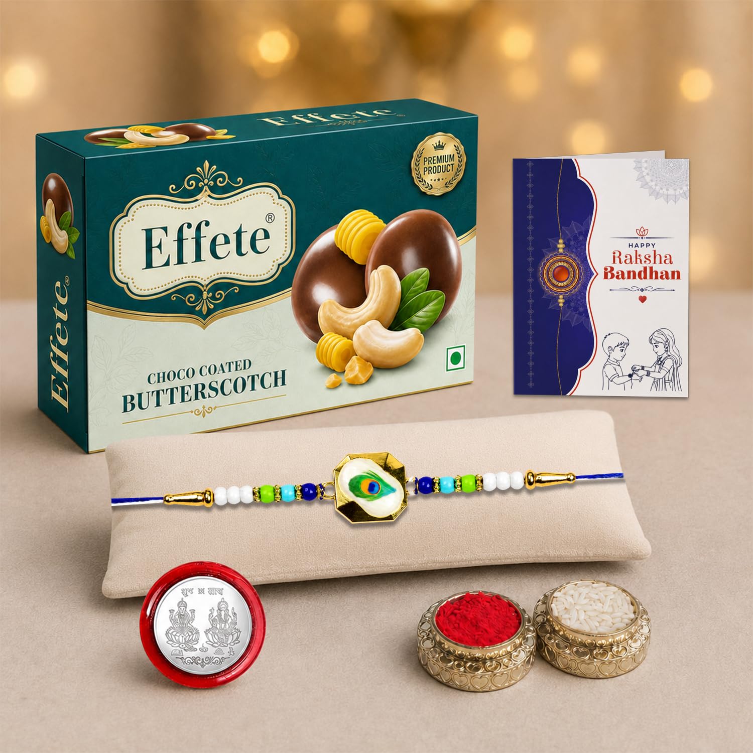 Peacock Rakhi for Brother with Butter Scotch 32gm, Roli Tikka & Card, Pack of 5