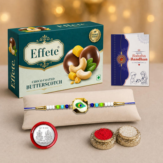 Peacock Rakhi for Brother with Butter Scotch 32gm, Roli Tikka & Card, Pack of 5