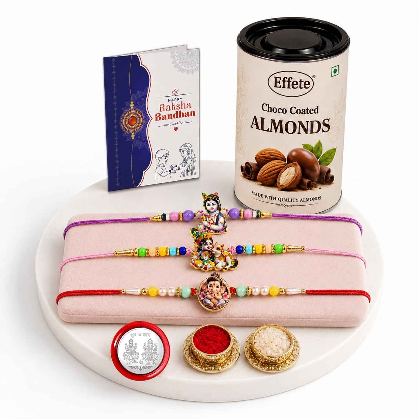 Krishna Rakhi Combo - Raksha Bandhan Gift with Choco Almonds 96gm, Pack of 7 | Rakhi Gift
