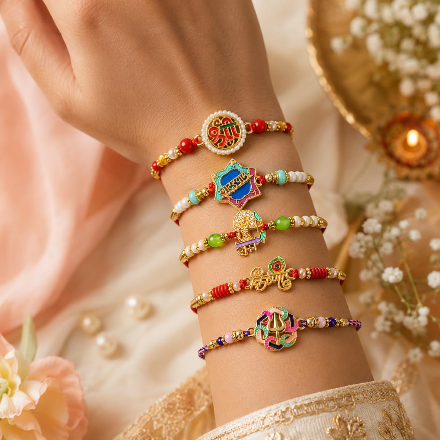 Elegant Divine Rakhi for Brother with Roli Tikka, Pooja Coin & Card, Pack of 8